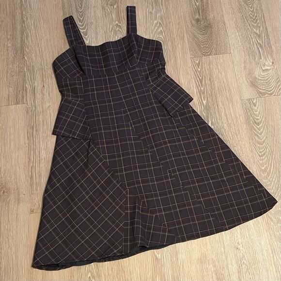 BCBGMAXAZRIA Navy Brown Plaid Apron Square Neck Asymmetrical Dress 8 M - Picture 10 of 15